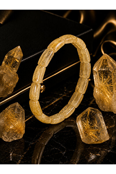 İyyaKee Men's Yellow Rutil Quartz Natural Stone Bracelet Flexible Design Ston...