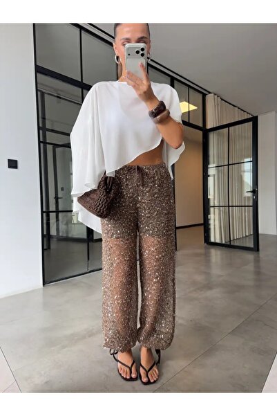 Mzr Collection KADIN PULLU YARIM ASTARLI ŞALVAR PANTOLON