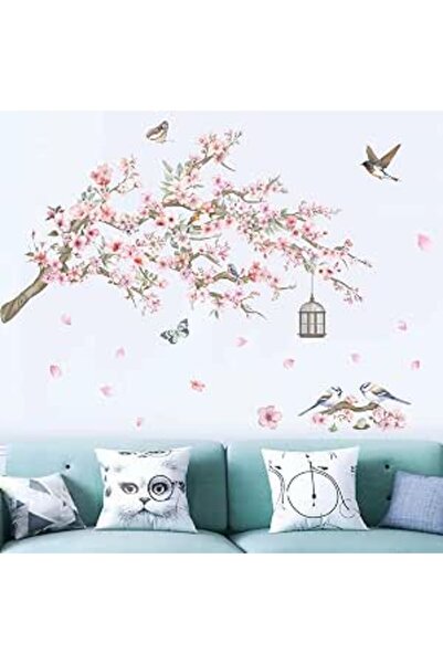 The Bros Cherry Blossom Tree Branch Wall Stickers - Pink Flower Birds Wall De...