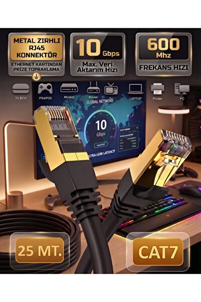 ZEYar Teknoloji Cat7 Ethernet Kablosu 25 Metre 10 Gbps 600 MHz Metal Zırhlı