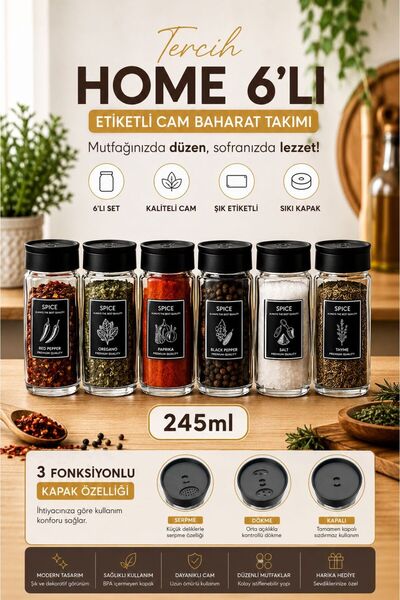 Tercih Home طقم توابل زجاجي مكون من 6 قطع مع ملصقات و3 أغطية وظيفية، يتضمن مو...