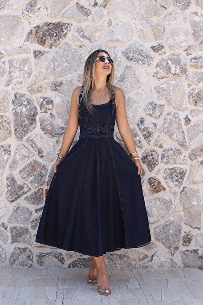 bytugcekaya Blue Midi Length Banded Denim Dress