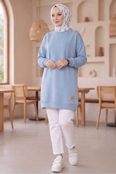 Bestenur Embroidered Slit Detail Tunic 1665 - Baby Blue