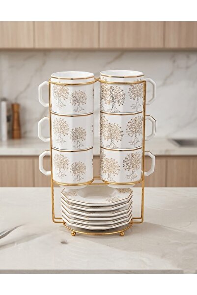 aram 12Pcs Ceramic/Porcelain Mug and Saucer Set with Gold Metal Stand Elegant...
