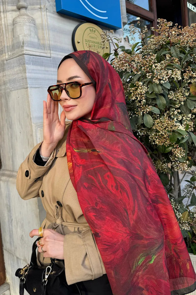 Madame Polo Peony Pattern Italian Silk Shawl - Burgundy