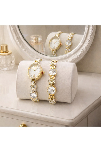Vivendo Set Ceas si Bratara pentru Dama, Finisaj Auriu cu Pietre Decorative, ...