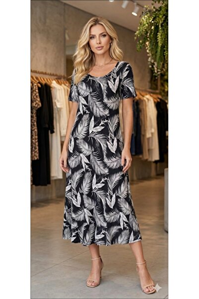 MODA Black and White Leaf-Patterned Stretchy Waist-Length Skirt with Flared M...