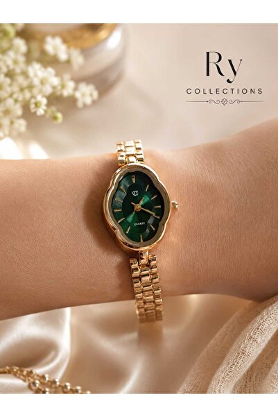 rycollections ساعة يد ذهبية بتصميم عتيق مع علبة بيضاوية ومينا أخضر