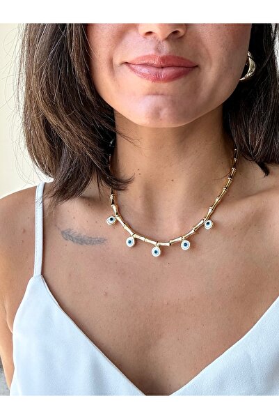 Merishe Jewerly Gold Evil Eye Beaded Bone Stainless Steel Necklace