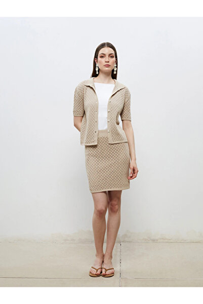 LC Waikiki Beige Elastic Waist Openwork Mini Knitwear Skirt