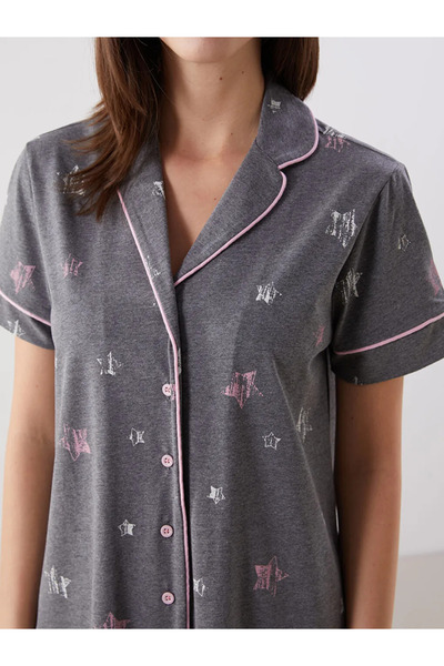 LC Waikiki Gray Shirt Collar Patterned Maternity Nightgown