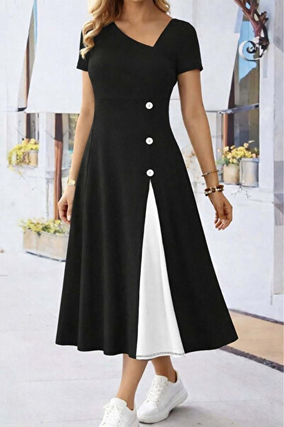 Efnaz style Women's Short Sleeve Asymmetrical Collar Button Detailed Midi Vis...