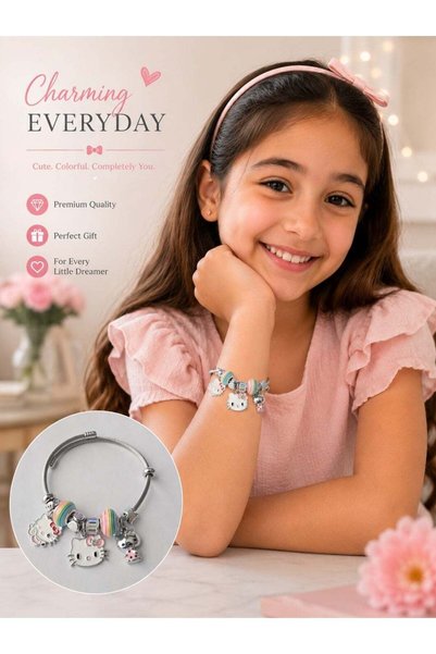 Hello Kitty Cat Cartoon Cat Charm Bracelet for Girls Adjustable Stainless Steel Bangle with Rainbow Beads Kids Jewelry Gift for Birthday & Party