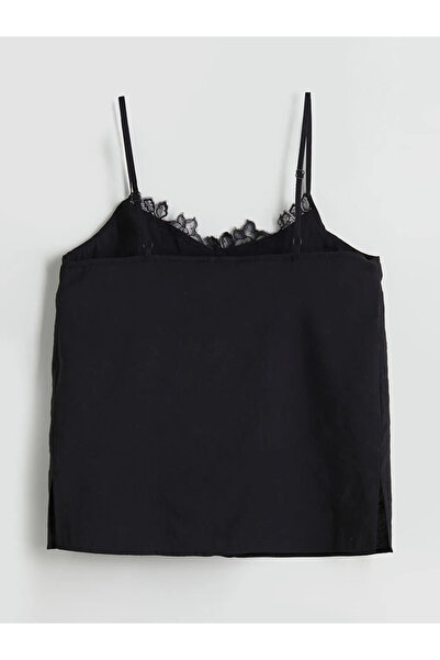 LC Waikiki Black V-Neck Lace Detailed Modal Blend Blouse with String Straps