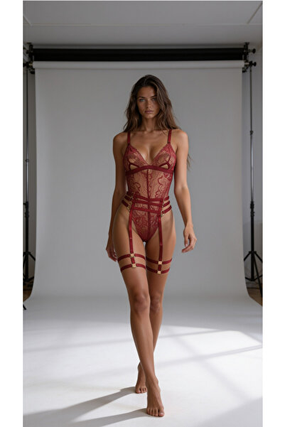 Kadın Bordo Dantelli Jartiyerli Bodysuit - Çoklu Lastik Şeritli Fantezi İç Çamaşırı Takımı