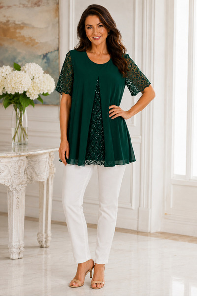 HELVEYS Women's Round Neck Lace Short Sleeve Sequin Detailed Comfortable Fit ...