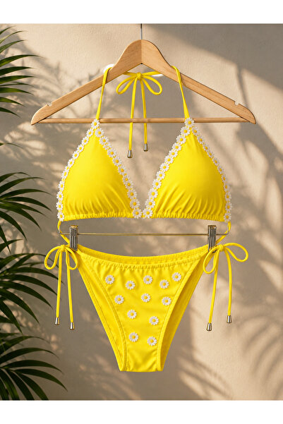 Maser Papatya Detaylı Limon Sarısı Üçgen Bikini Takımı
