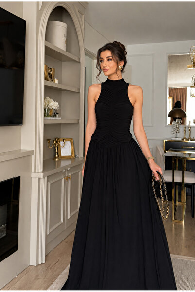 My Blog Rochie lungă neagră cu guler halter - 8522
