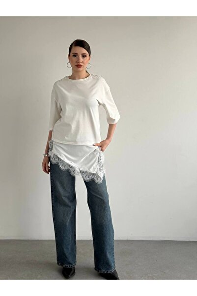ELBEY Women's Lace Detailed Asymmetrical Tunic Blouse