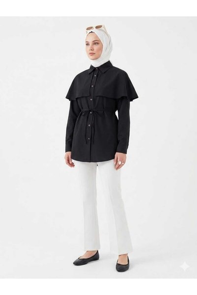 YEK&BİR Women's Stylish Tunic Shirt with Cape Collar and Button Detail