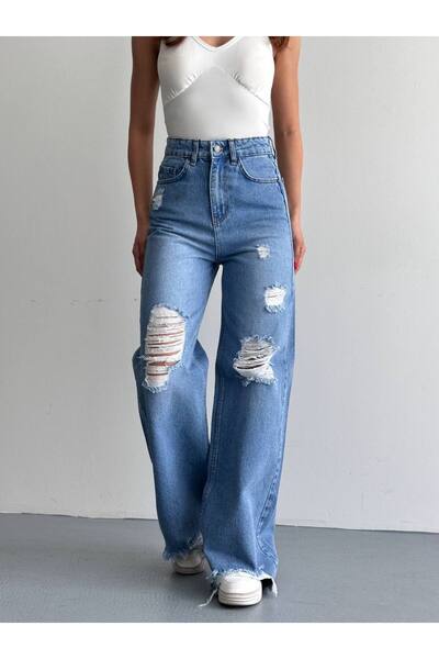 WOMKA Women's Ripped Leg Detailed Jean Trousers