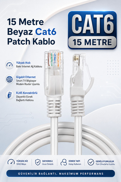 Derwell 15 Metre Beyaz Cat6 Patch Kablo Yüksek Hızlı Bakır İnternet Ağ Kablos...