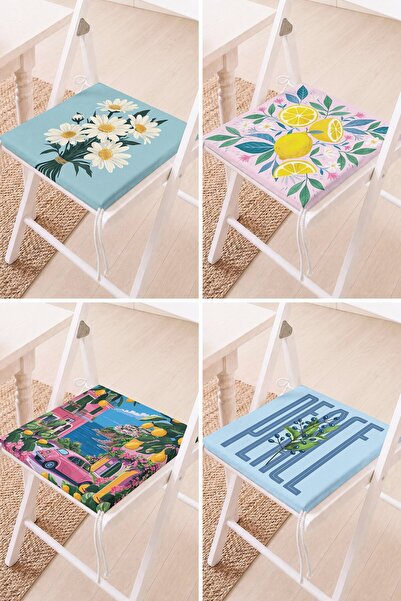 Home Set of 4 Daisy and Lemon Themed Colorful Patterned Lace-Up Chair Cushion...