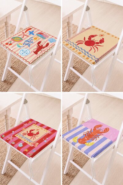 Home Set of 4 Sea Shell Text and Crab Patterned Red and Yellow Striped Lace-U...