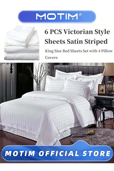 MOTIM 6 Piece Victorian Style Snow White Microfiber Satin Striped Double Beds...