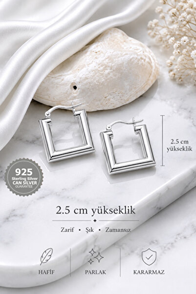 CAN SİLVER 2,5 cm Gümüş Kaplama 925 Ayar Kare Tasarım Model Küpe- Gümüş Kadın...