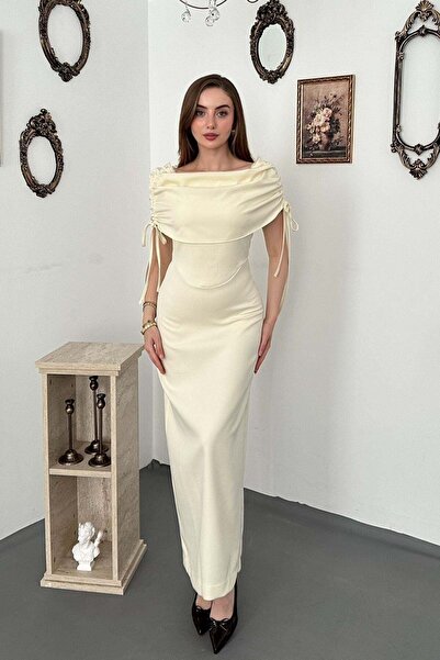 Elbee Fashion Woman Sarı Yaka Detaylı Midi Elbise