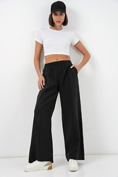 Merterium Women's Elastic Waist Wide Leg Pants 1517 - Black