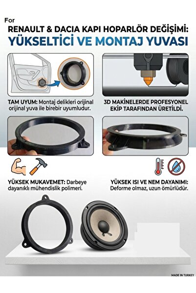 nilestrem Renault Dacia 16cm Kapı Hoparlör kasnak halkası 3lü montaj kulakçık