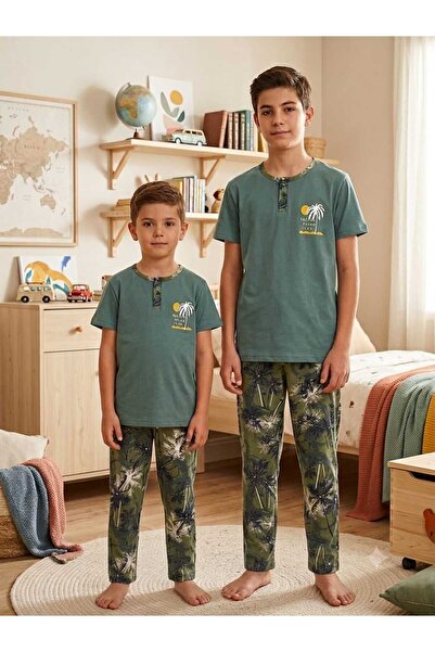 ALİSS ALİŞŞ Erkek Çocuk %100 Pamuklu Palmiye Desenli Kısa Kollu Pijama Takımı