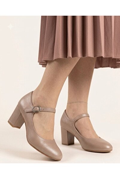 Gönbeler Cream Beige Thick Block Heeled Shoes - Women's Casual and Evening Dr...