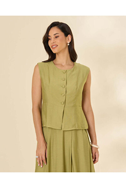 REDTAG Women Green Sleeveless Button Front Blouse