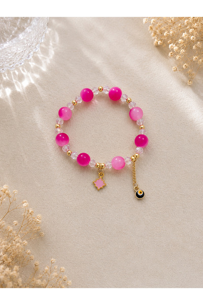 Lilith Takı Pink Star Detailed Evil Eye Beaded Bracelet – Women's Elastic Sty...