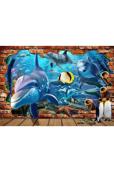 Persona Tablou Canvas, Delfini Trecand Prin Zid 3D 2- 100 X 70 cm