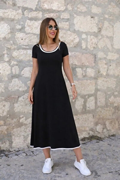 USLUCAN ALIŞVERİŞ Women's Short Sleeve Round Neck Colorful Collar Midi Viscos...