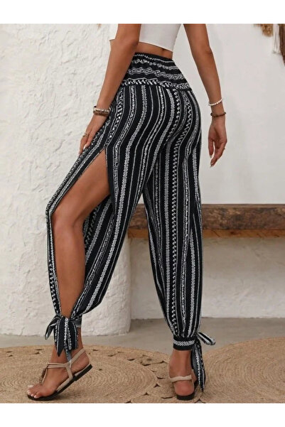 USLUCAN ALIŞVERİŞ Women's High Waist Patterned Cuffed Trousers with Side Slit...