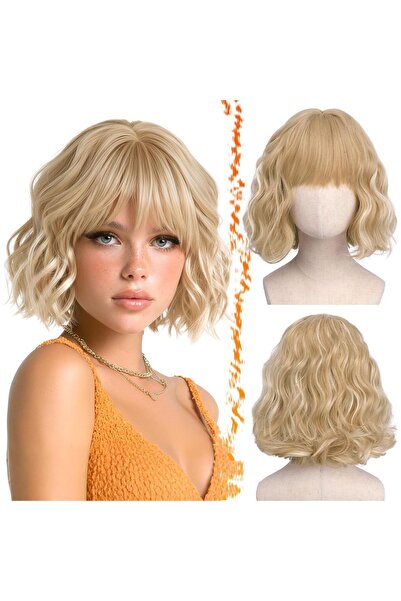 Dotail Perucă bob ondulată, cu breton, ușoară, 30 cm, fibră sintetică, blond ...
