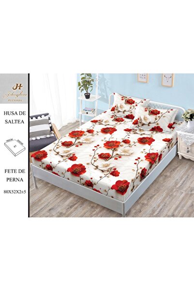 naniland.ro Husă de Pat Bumbac Satinat 2 Persoane 3 Piese Cu Elastic 180x200 cm