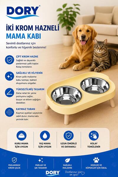 Dory İki Krom Hazneli Plastik Mama Su Kabı Sarı