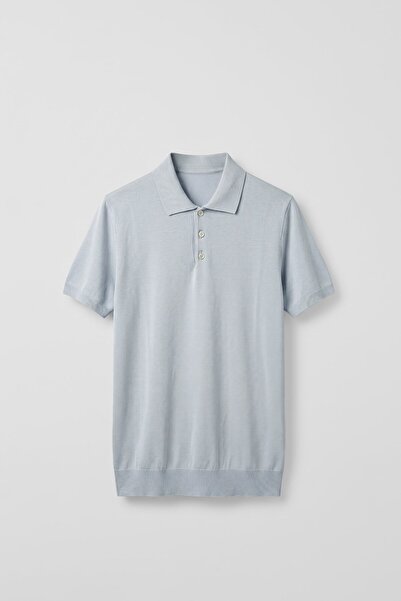 ablukaonline Men's Relaxed Fit Draped Polo Collar Knitwear T-Shirt Light Blue