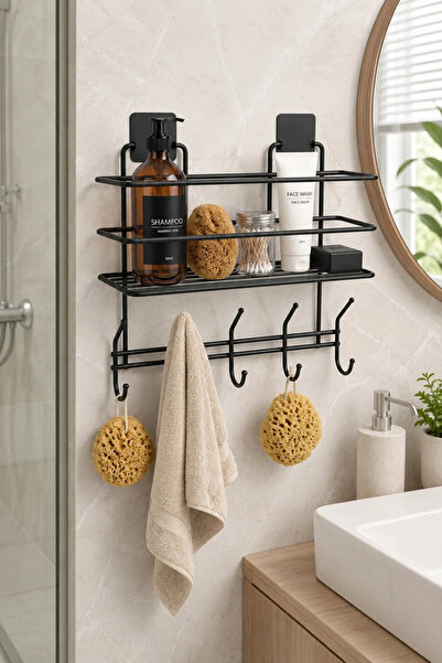 Hagen Adhesive Metal Bathroom Shelf and Towel Rack Black – No Drilling Requir...