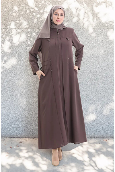 sefamerve Plus size metal beaded zippered abaya 6148-07 mink