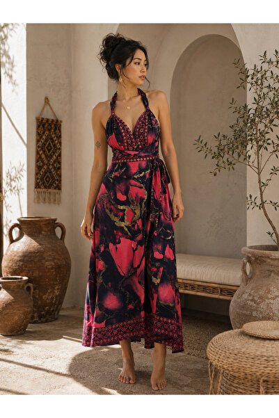 laviyonsa Imported Fabric Midi Dress with Tie and Foil Details, Sizes 34-38.
