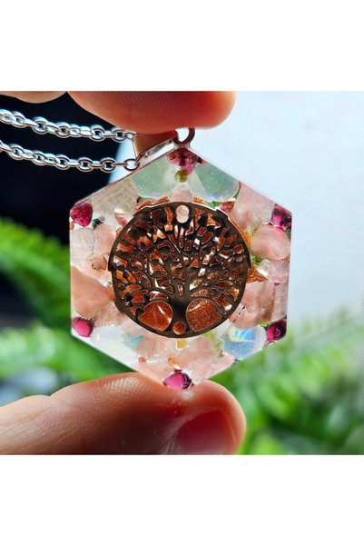 Singincraft Tree of Life - Rhodochrosite- Unique Design Steel Chain Orgonite Necklace (1 Piece Made.) - Handmade Design Products