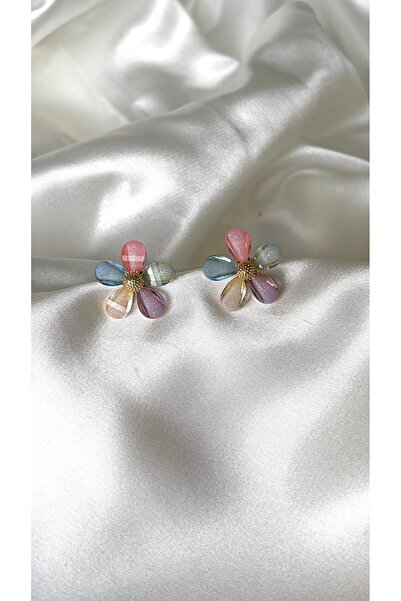 Eylülün Takısı Women's Gold Detailed Glittery Colorful Flower Model Earrings