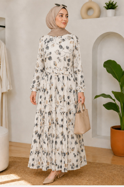 EruZan Women's Patterned Lined Belt Detail Chiffon Hijab Dress